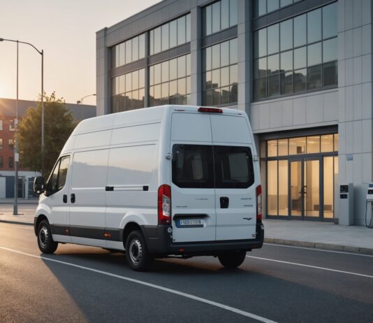 Utilitaires électriques : pourquoi 2026 fait basculer les flottes professionnelles Camionnette utilitaire électrique blanche en charge sur un point de recharge de dépôt urbain