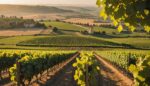 Rangs de vignes dorées avec grappes de raisin mûres prêtes pour des vendanges précoces en France