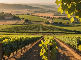 Vendanges précoces : la chaleur record bouleverse le calendrier des vignerons français Rangs de vignes dorées avec grappes de raisin mûres prêtes pour des vendanges précoces en France