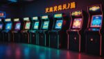 Rangée de bornes d'arcade rétro japonaises illuminées de néons