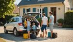 Famille chargeant une voiture de valises pour partir en vacances d'été