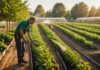 Sécheresse estivale : les pépiniéristes et horticulteurs sous tension face aux restrictions d’eau Rangées de plantes en pépinière avec sol sec, illustrant les restrictions d'arrosage liées à la sécheresse