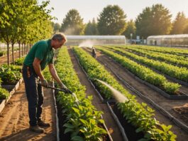 Sécheresse estivale : les pépiniéristes et horticulteurs sous tension face aux restrictions d’eau Rangées de plantes en pépinière avec sol sec, illustrant les restrictions d'arrosage liées à la sécheresse