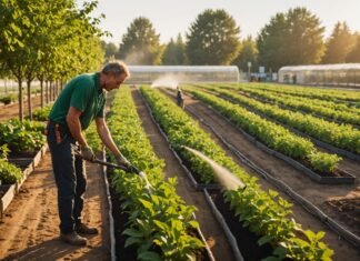Sécheresse estivale : les pépiniéristes et horticulteurs sous tension face aux restrictions d’eau Rangées de plantes en pépinière avec sol sec, illustrant les restrictions d'arrosage liées à la sécheresse