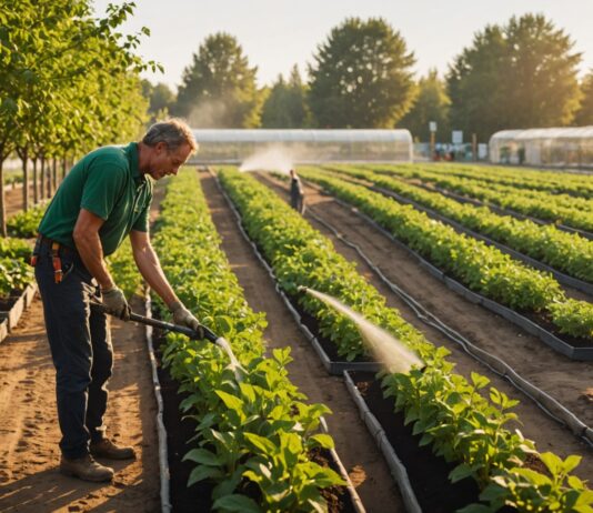Sécheresse estivale : les pépiniéristes et horticulteurs sous tension face aux restrictions d’eau Rangées de plantes en pépinière avec sol sec, illustrant les restrictions d'arrosage liées à la sécheresse