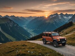 Salon du Tout-Terrain de Valloire : le rendez-vous incontournable des passionnés de 4×4 Véhicule 4x4 tout-terrain sur un sentier de montagne dans les Alpes françaises au coucher du soleil