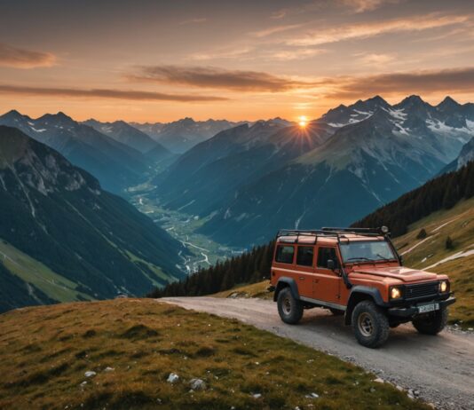 Salon du Tout-Terrain de Valloire : le rendez-vous incontournable des passionnés de 4×4 Véhicule 4x4 tout-terrain sur un sentier de montagne dans les Alpes françaises au coucher du soleil