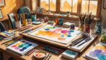 Illustration d'un atelier de dessinateur de presse avec crayons et esquisses de caricatures