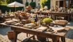 Stand de brocante en plein air avec objets vintage et antiquités