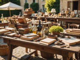 Brocantes et vide-greniers : pourquoi le marché de la seconde main explose en France Stand de brocante en plein air avec objets vintage et antiquités