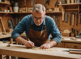 L’artisanat du bois recrute et se modernise en France Artisan façonnant une pièce de mobilier en bois dans un atelier d'ébénisterie
