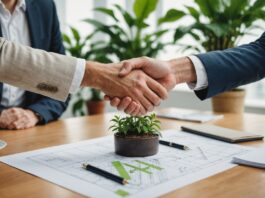 Marchés publics : la clause environnementale devient obligatoire, un tournant pour les PME Entrepreneurs signant un contrat de marché public avec des plans durables sur le bureau