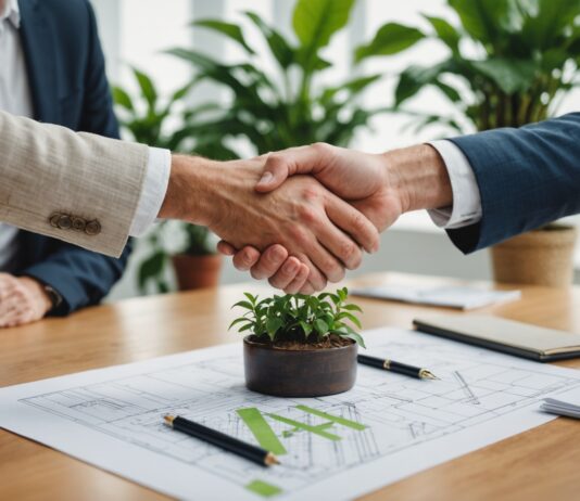 Marchés publics : la clause environnementale devient obligatoire, un tournant pour les PME Entrepreneurs signant un contrat de marché public avec des plans durables sur le bureau