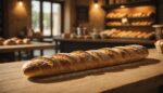 Baguette de pain fraîche posée sur un comptoir en bois dans une boulangerie