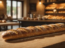 Prix de la baguette : pourquoi l’écart se creuse entre boulangeries et supermarchés Baguette de pain fraîche posée sur un comptoir en bois dans une boulangerie