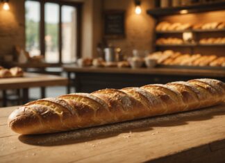 Prix de la baguette : pourquoi l’écart se creuse entre boulangeries et supermarchés Baguette de pain fraîche posée sur un comptoir en bois dans une boulangerie