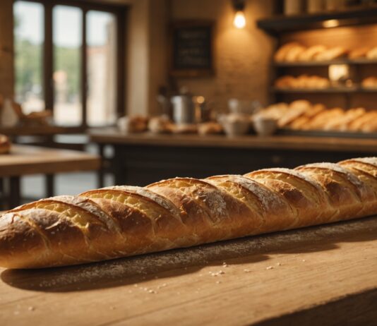 Prix de la baguette : pourquoi l’écart se creuse entre boulangeries et supermarchés Baguette de pain fraîche posée sur un comptoir en bois dans une boulangerie