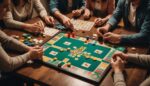Amis jouant à un jeu de société coloré autour d'une table