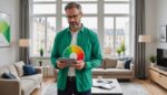 Diagnostiqueur immobilier consultant une étiquette de performance énergétique DPE sur tablette dans un appartement lumineux