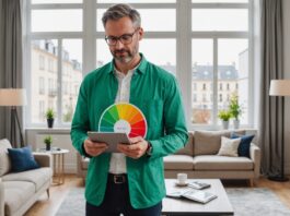 Réforme du DPE : comment vérifier gratuitement le nouveau classement énergétique de son logement Diagnostiqueur immobilier consultant une étiquette de performance énergétique DPE sur tablette dans un appartement lumineux