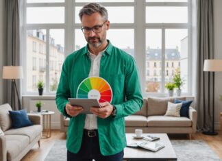 Réforme du DPE : comment vérifier gratuitement le nouveau classement énergétique de son logement Diagnostiqueur immobilier consultant une étiquette de performance énergétique DPE sur tablette dans un appartement lumineux