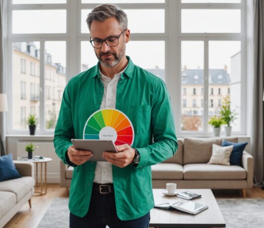 Réforme du DPE : comment vérifier gratuitement le nouveau classement énergétique de son logement Diagnostiqueur immobilier consultant une étiquette de performance énergétique DPE sur tablette dans un appartement lumineux