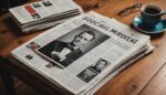 Pile de journaux satiriques posée à côté d'un smartphone affichant un fil de réseau social