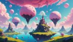Univers de jeu vidéo féerique évoquant l'aventure en monde ouvert de Kirby