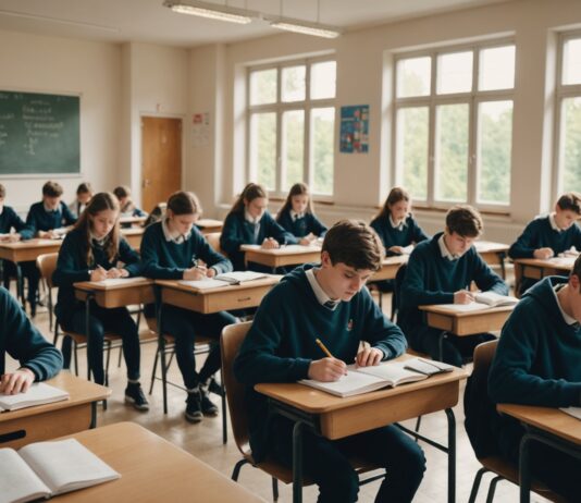 PISA : ce que révèle la dernière enquête de l’OCDE sur les écrans en classe Salle de classe de collège avec élèves et smartphone en avant-plan, illustration éditoriale PISA 2025