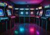 Arcade Archives : les bornes d’arcade cultes renaissent sur consoles modernes Bornes d'arcade rétro illuminées de néons dans une salle de jeux