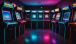 Bornes d'arcade rétro illuminées de néons dans une salle de jeux