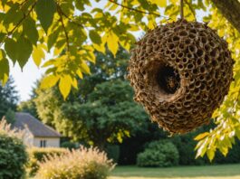 Frelons asiatiques : la vigilance s’intensifie avant l’automne Nid de frelons asiatiques accroché à une branche dans un jardin en fin d'été
