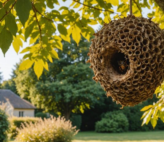 Frelons asiatiques : la vigilance s’intensifie avant l’automne Nid de frelons asiatiques accroché à une branche dans un jardin en fin d'été