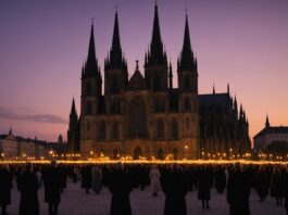 La procession mariale de Lourdes inscrite au patrimoine culturel immatériel de la France Procession religieuse aux flambeaux au crépuscule devant une basilique