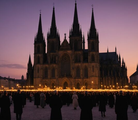 La procession mariale de Lourdes inscrite au patrimoine culturel immatériel de la France Procession religieuse aux flambeaux au crépuscule devant une basilique