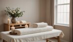 Table de massage dans une salle de spa moderne avec serviettes et bougies, lumière douce