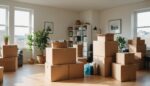 Cartons de déménagement empilés dans un appartement lumineux