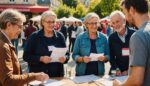 Groupe de bénévoles associatifs de tous âges échangeant lors d'un événement en France