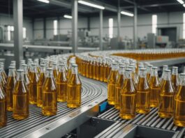 Emballages : le règlement européen PPWR bouleverse les règles pour les entreprises en 2026 Usine moderne avec emballages recyclables en carton et verre sur une chaîne de production