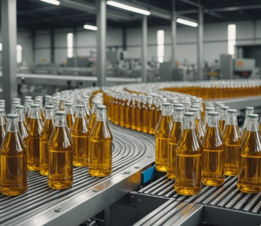 Emballages : le règlement européen PPWR bouleverse les règles pour les entreprises en 2026 Usine moderne avec emballages recyclables en carton et verre sur une chaîne de production