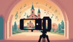 Illustration d'un smartphone filmant une vidéo joyeuse avec une chapelle en arrière-plan