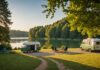 Camping en France : une saison contrastée malgré la ruée de l’été Campement avec tentes et camping-car dans la nature française au coucher du soleil