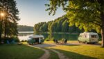 Campement avec tentes et camping-car dans la nature française au coucher du soleil