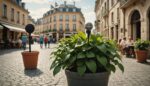 Caméra cachée et micro dissimulés derrière une plante sur une place publique animée