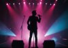 Pierre de Maere frappe fort avec son nouvel album Ave de Maere Silhouette d'un chanteur pop sur scène avec des spots colorés