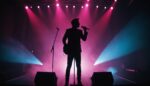 Silhouette d'un chanteur pop sur scène avec des spots colorés
