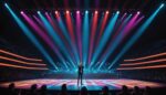 Chanteuse sur scène de concert avec éclairages colorés