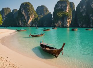 Voyage en Thaïlande : le guide pratique pour bien préparer son séjour Plage tropicale en Thaïlande avec bateaux longue-queue et falaises calcaires au coucher du soleil
