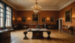 Intérieur d'une salle de ventes aux enchères avec objets d'art et podium du commissaire-priseur