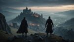 Scène de dark fantasy médiéval avec un guerrier mi-vampire dans les Carpates